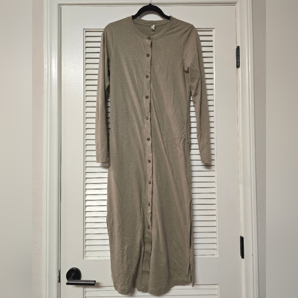 Wishlist - Light Greenish Grey  Long-Sleeve Sweater Button Dress